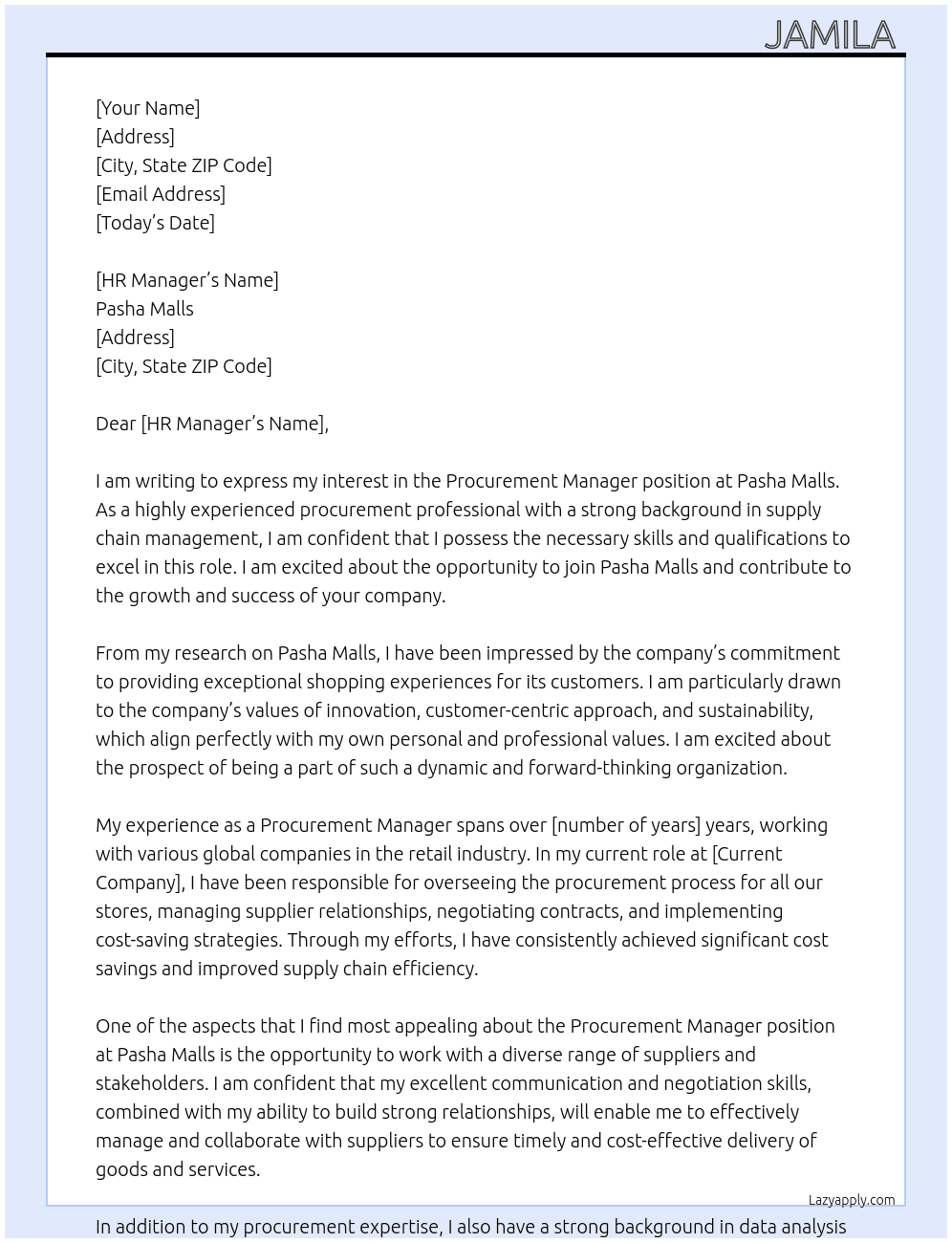 Procurement manager At Pasha Malls Cover Letter