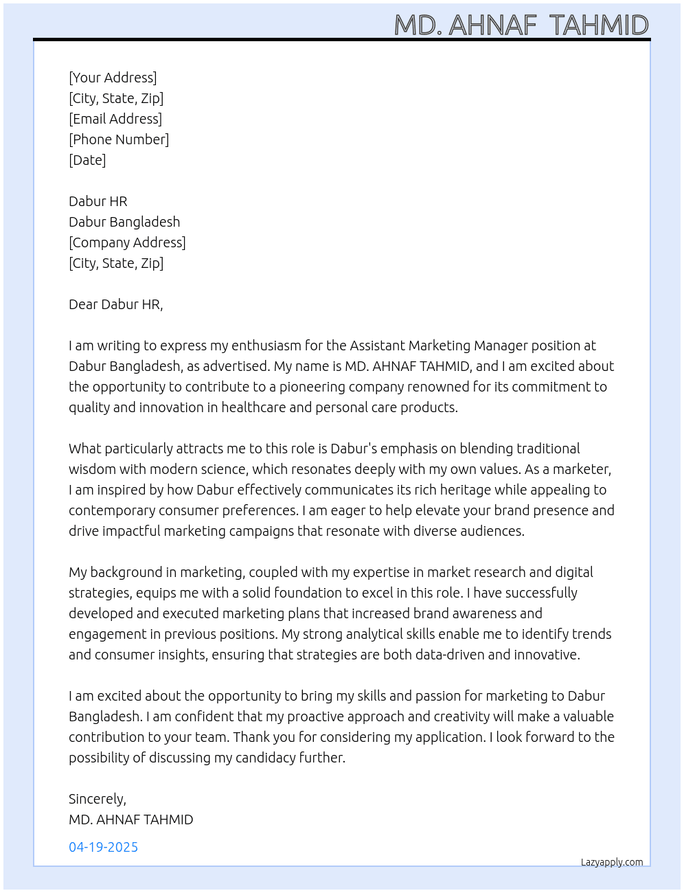 Assiatant marketing manager At Dabur Bangladesh Cover Letter