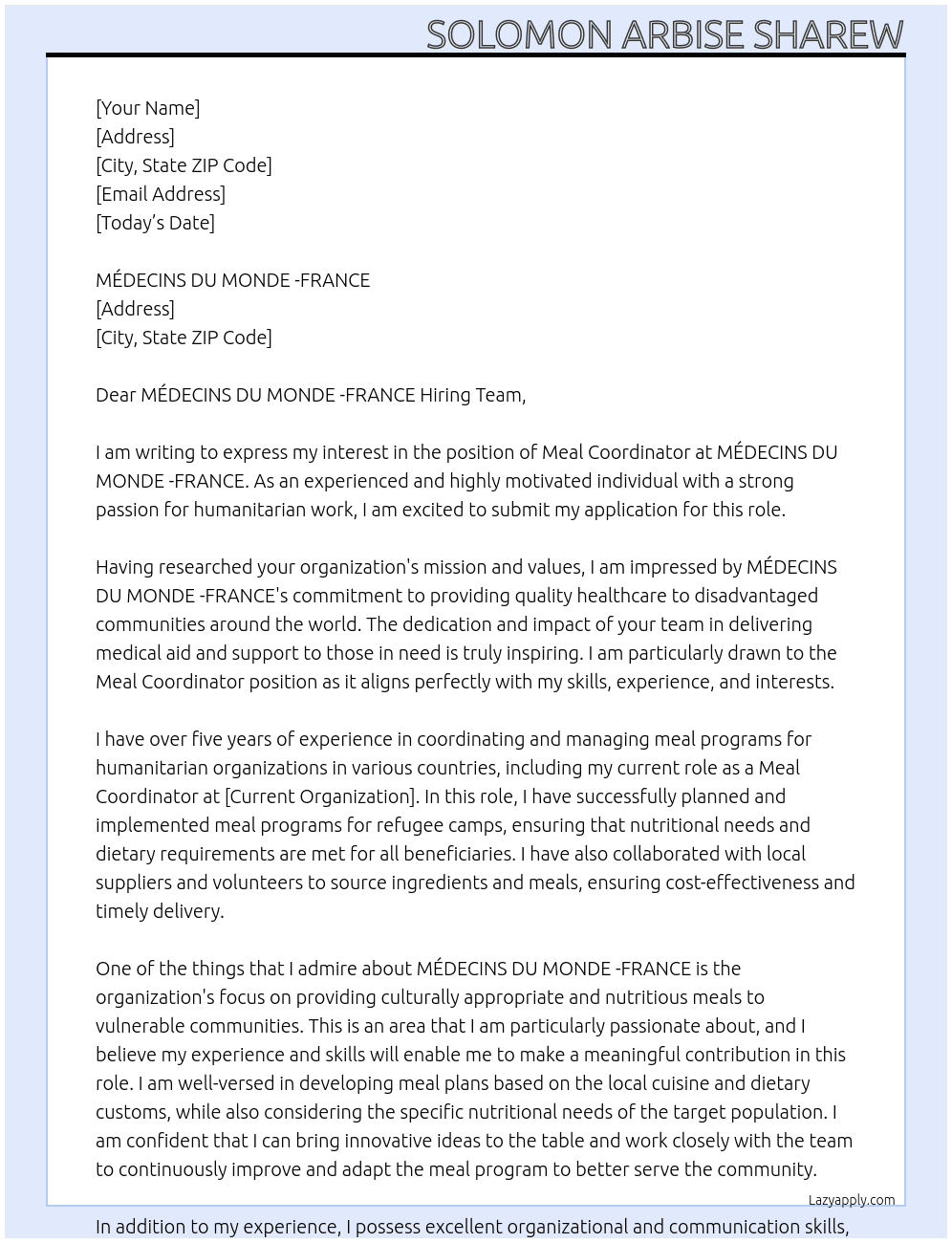 Meal coordinator  At MÉDECINS DU MONDE -FRANCE Cover Letter