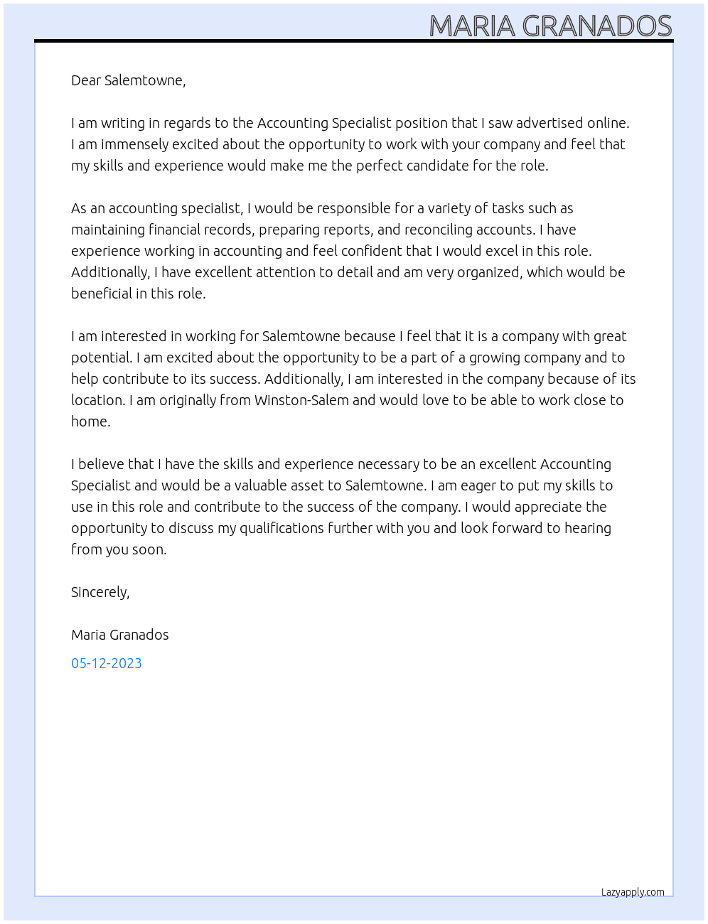 Accounting Specialist At Salemtowne Cover Letter