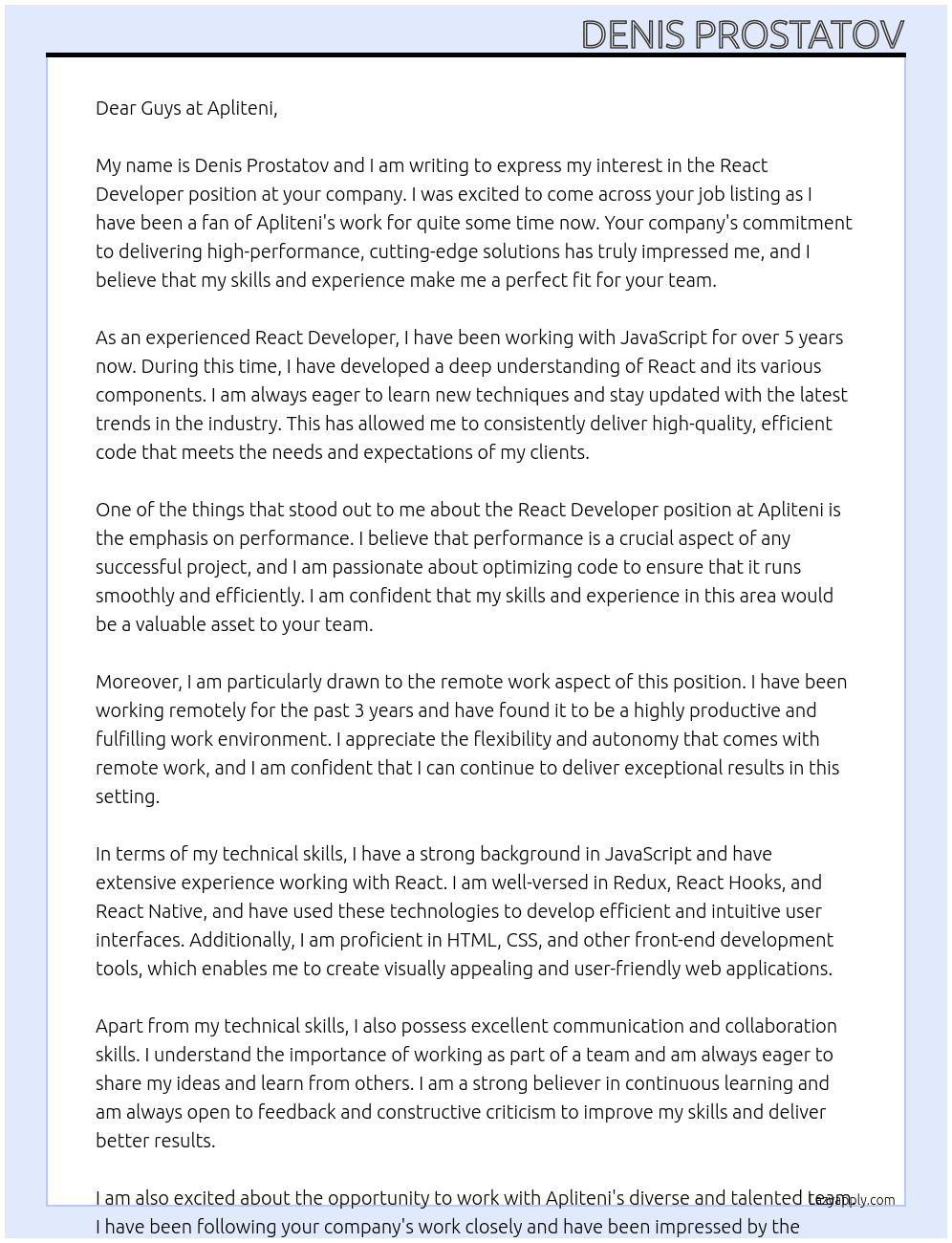 React developer At apliteni Cover Letter