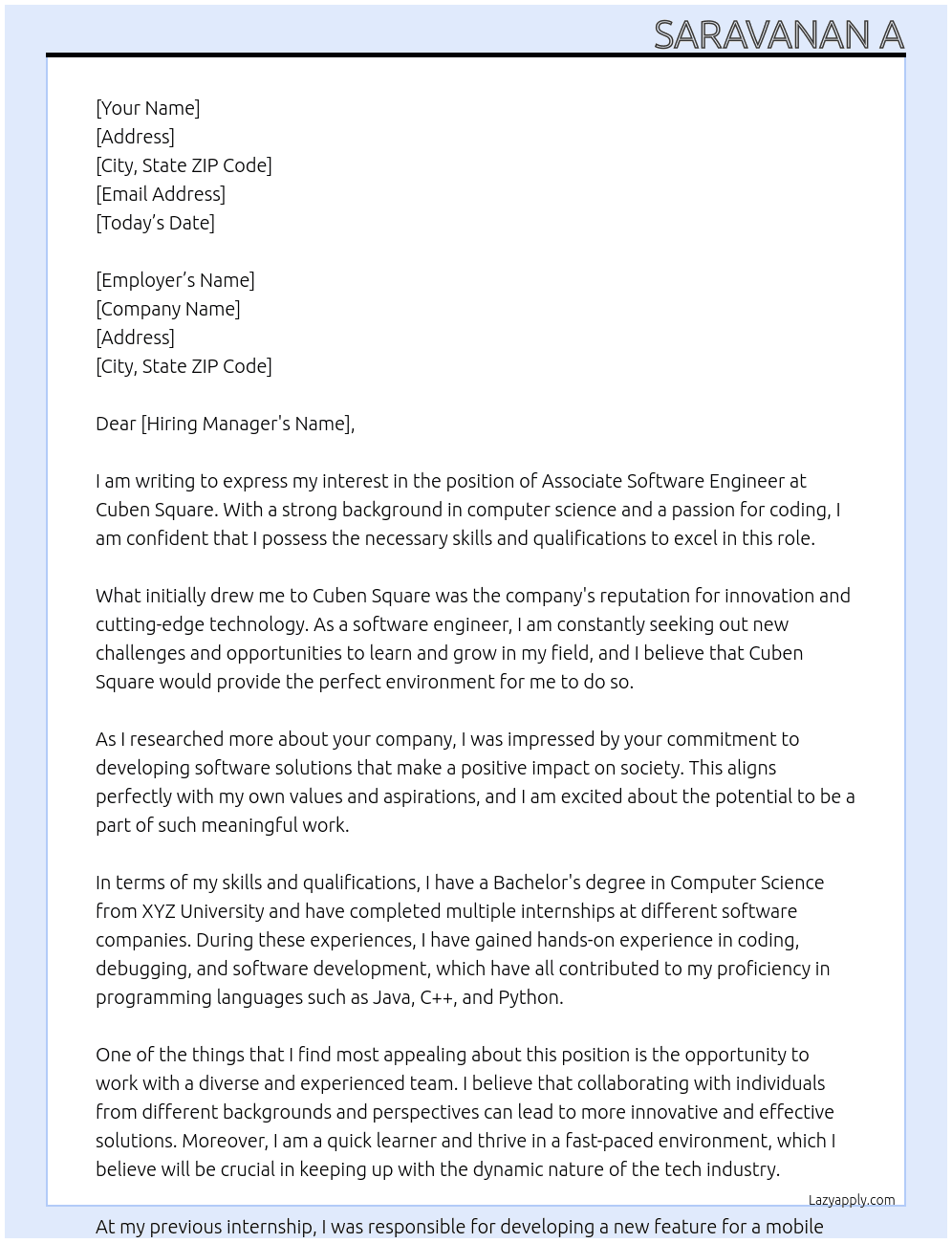 Associate software engineer  At Cuben square Cover Letter