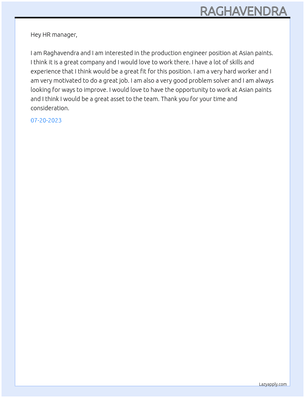 Production engineer  At Asian paints  Cover Letter