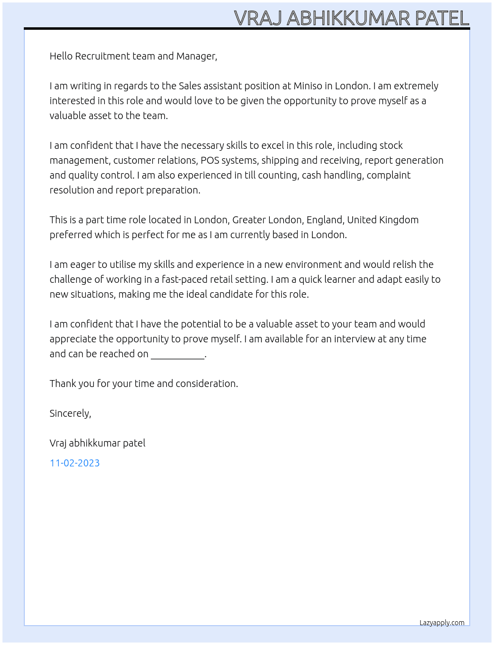 Sales assistant At Miniso - London Cover Letter