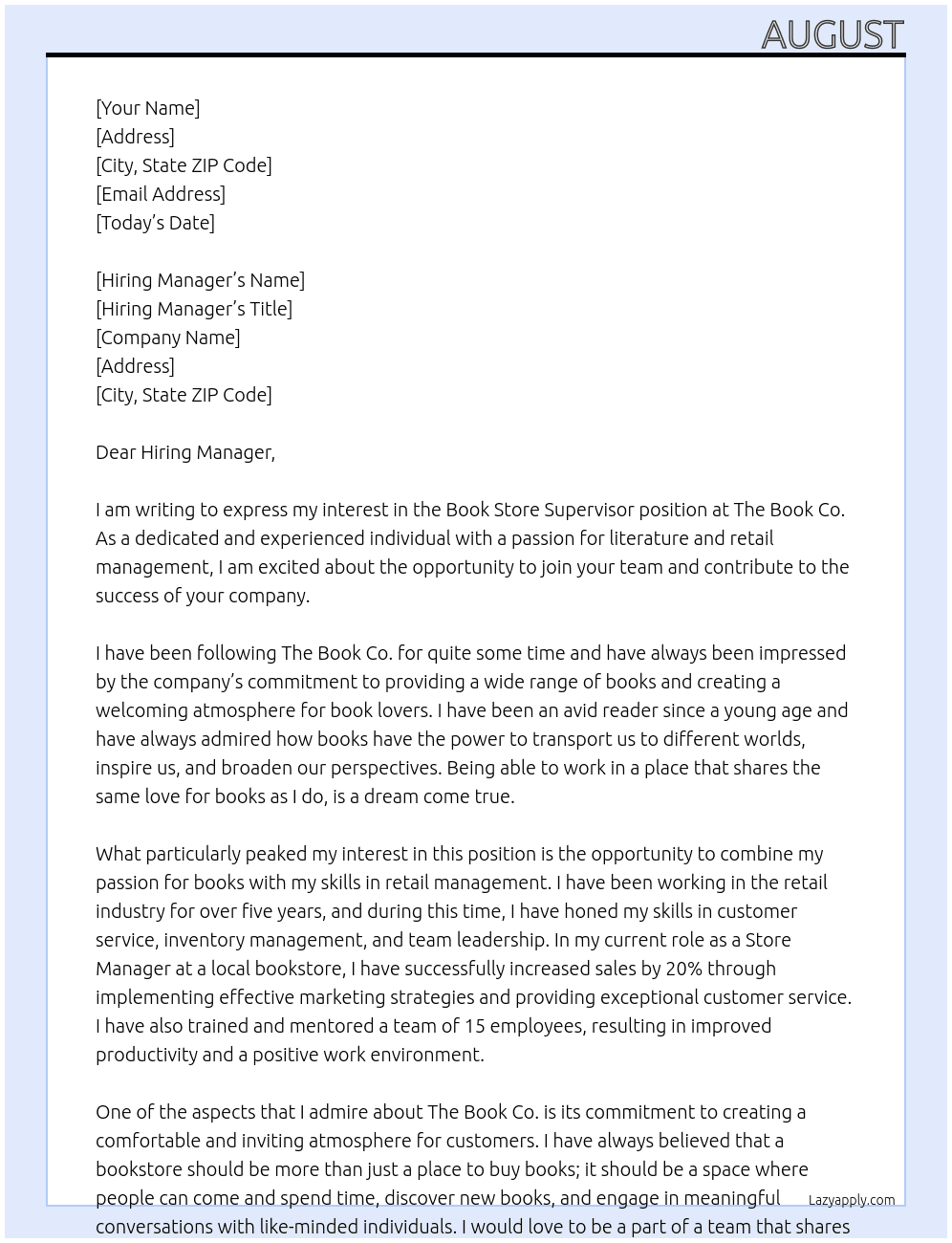 Book Store Supervisor At The Book Co. Cover Letter