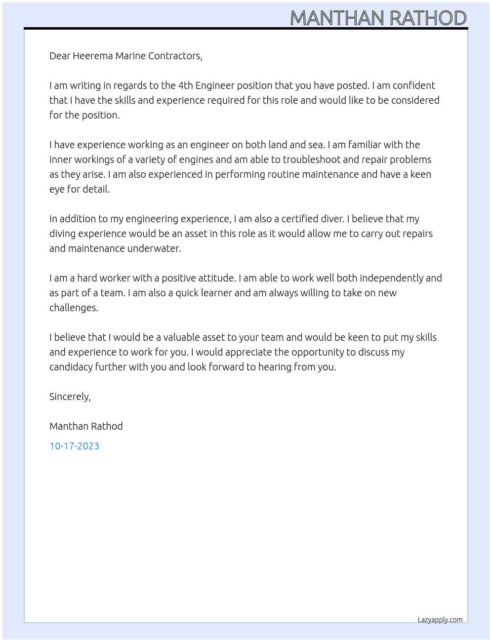 4th Engineer At Heerema Marine Contractors Cover Letter