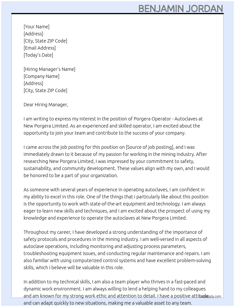 Porgera | Operator - Autoclaves At New Porgera Limited Cover Letter