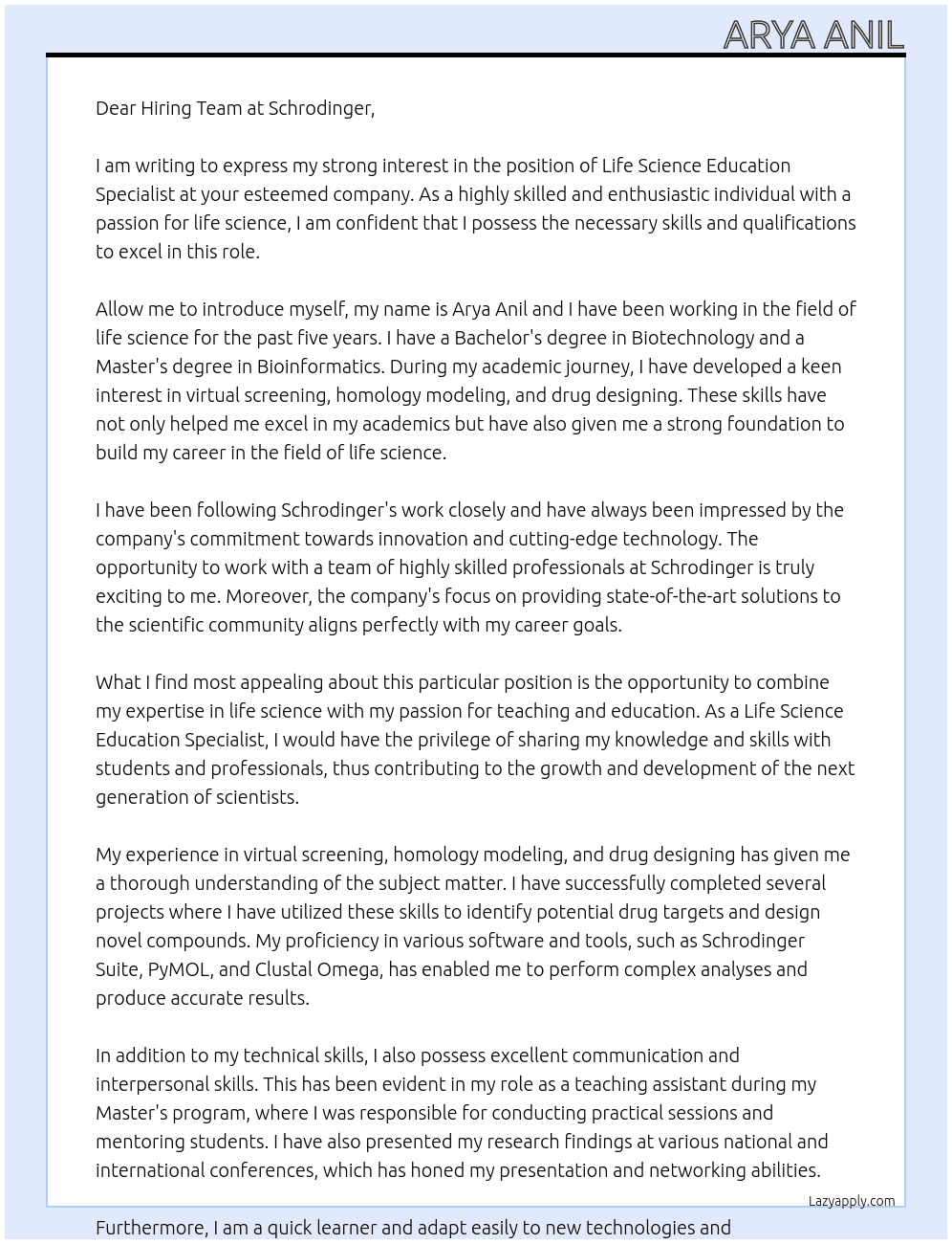 life science education specialist At Schrodinger Cover Letter