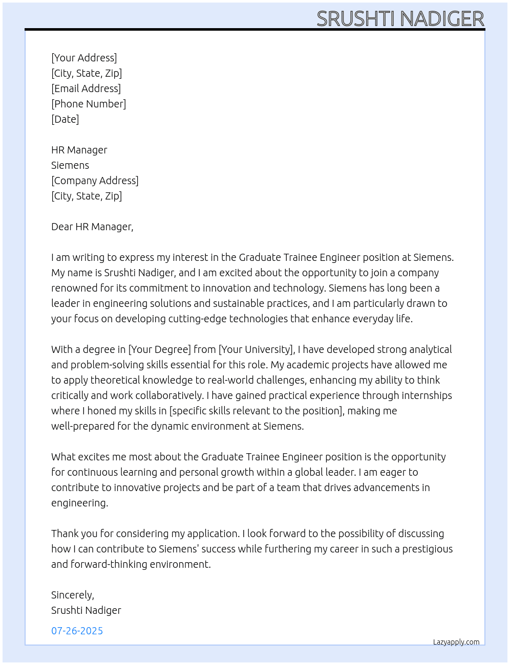 Graduate Trainee Engineer  At Seimens Cover Letter