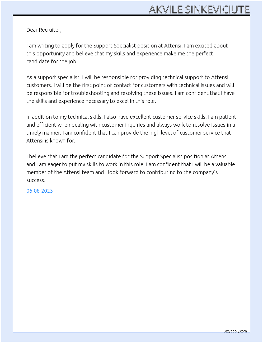 Support Specialist At Attensi Cover Letter