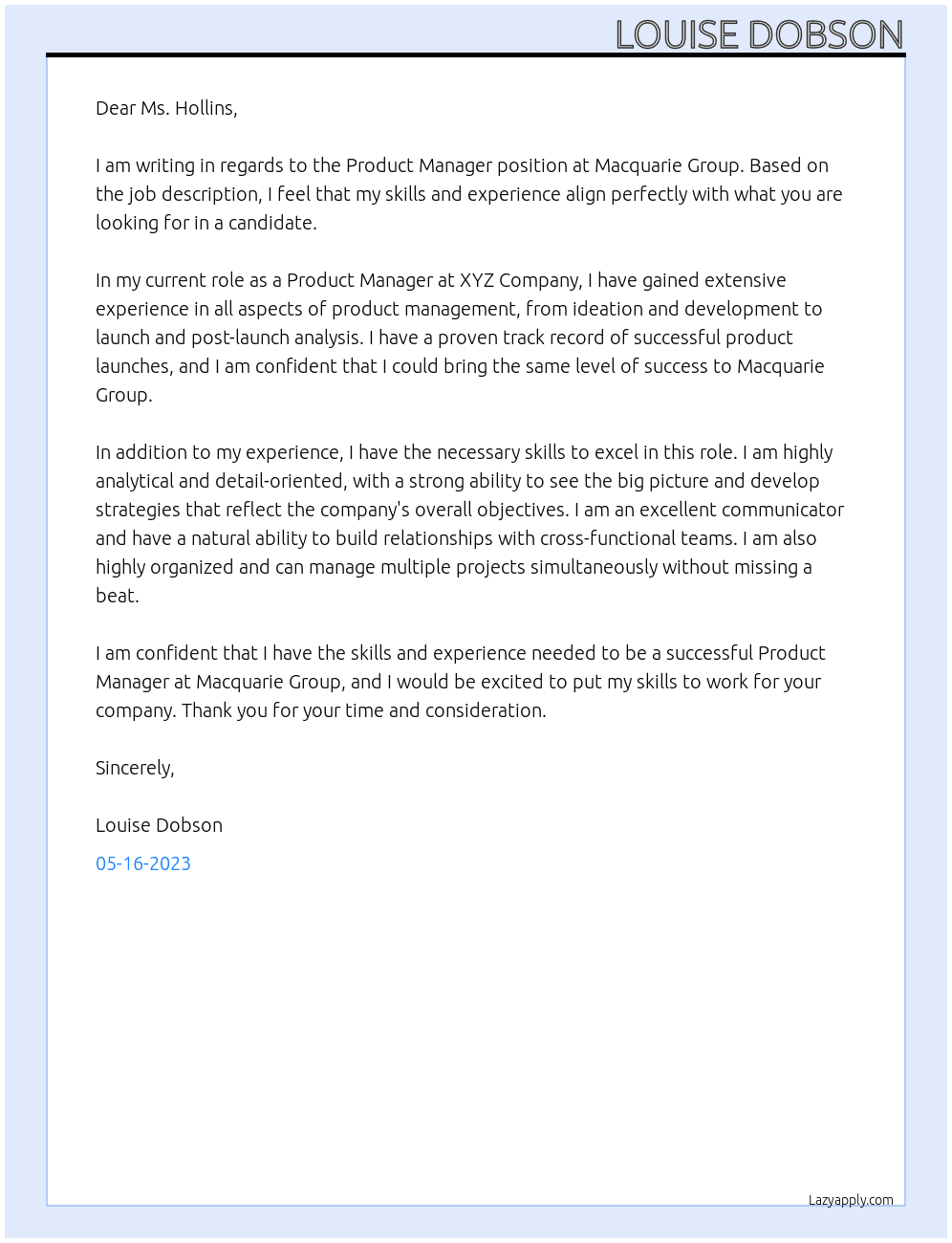 Product manager At Macquarie Group Cover Letter