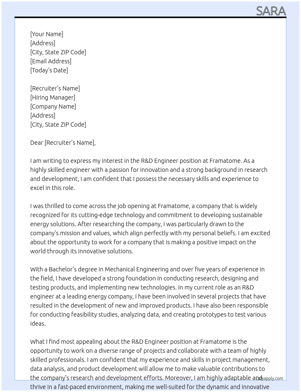 R D engineer  At framatome Cover Letter