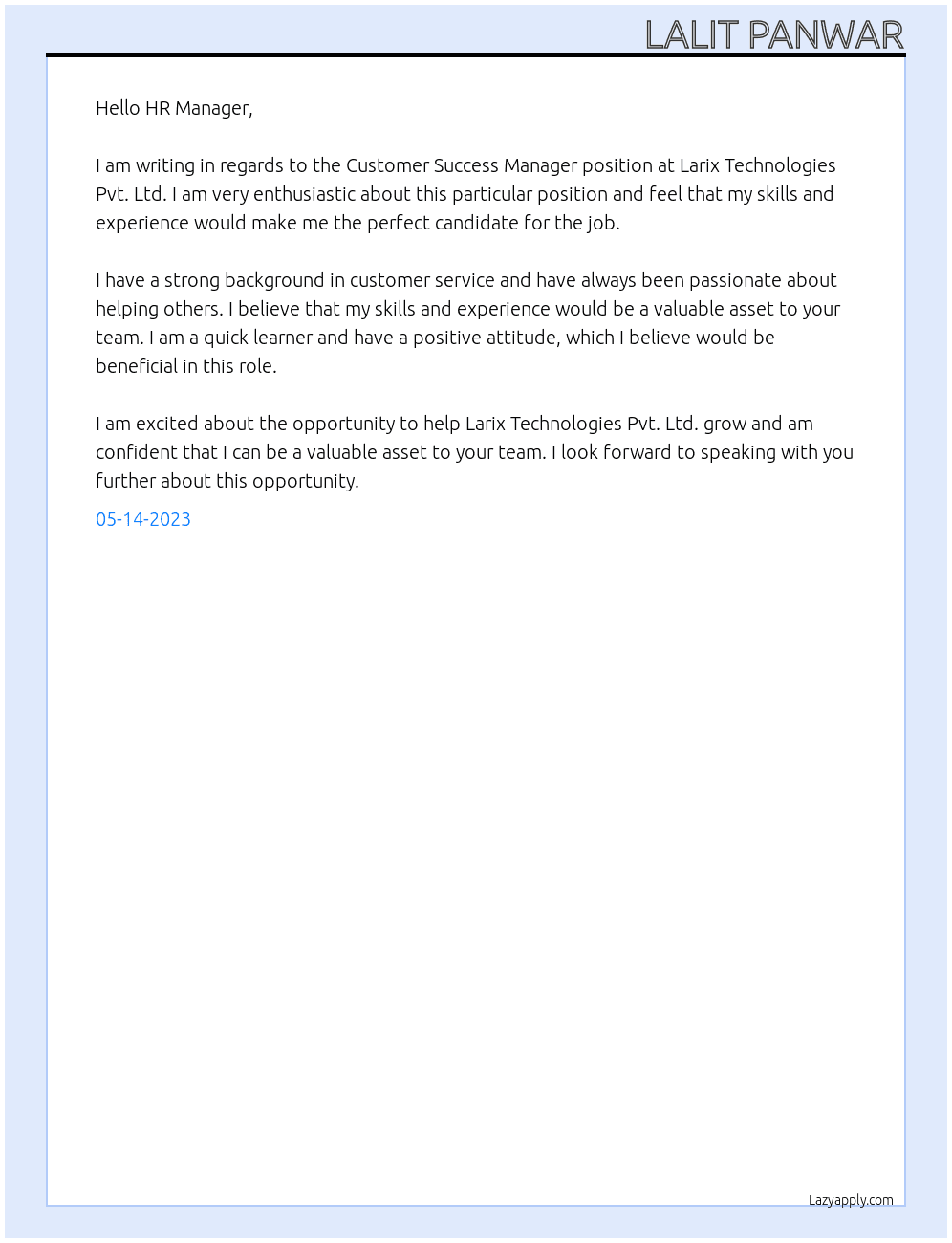 Customer Success Manager At Larix Technologies Pvt. Ltd. Cover Letter