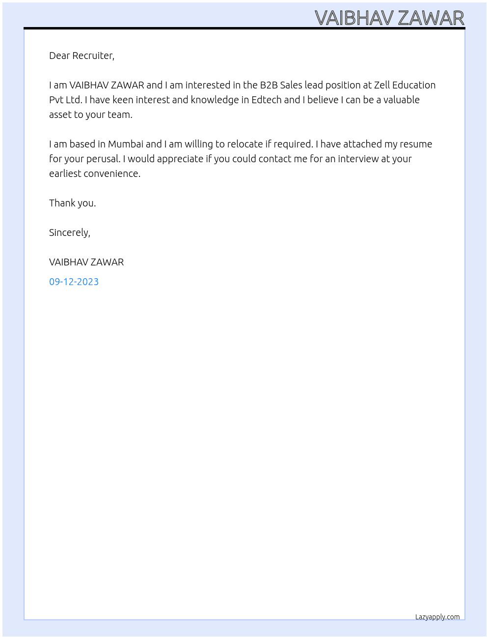 B2B Sales lead At Zell Education Pvt Ltd Cover Letter