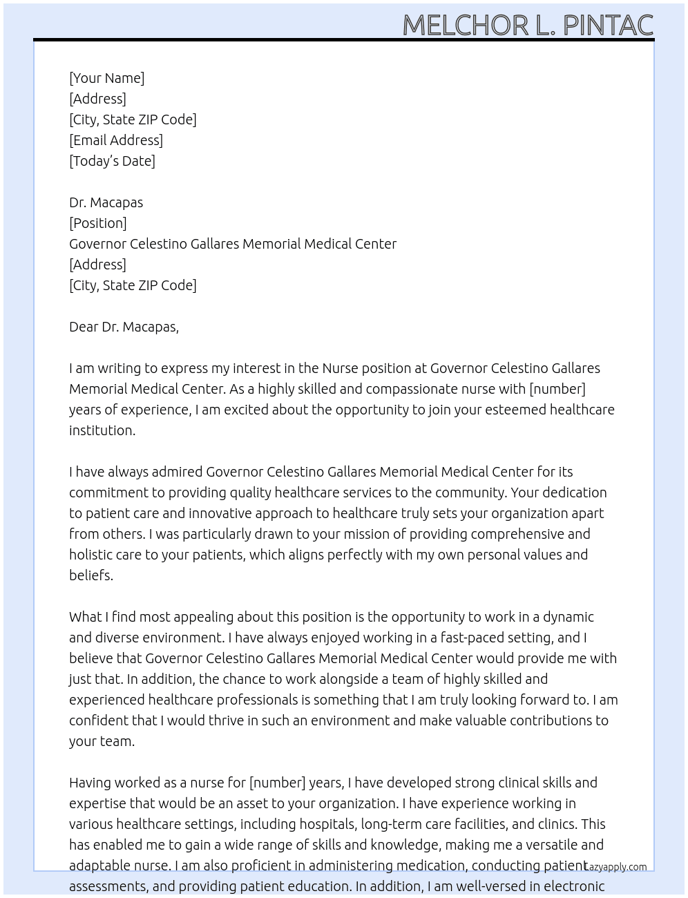 Nurse At Governor Celestino Gallares Memorial Medical Center Cover Letter