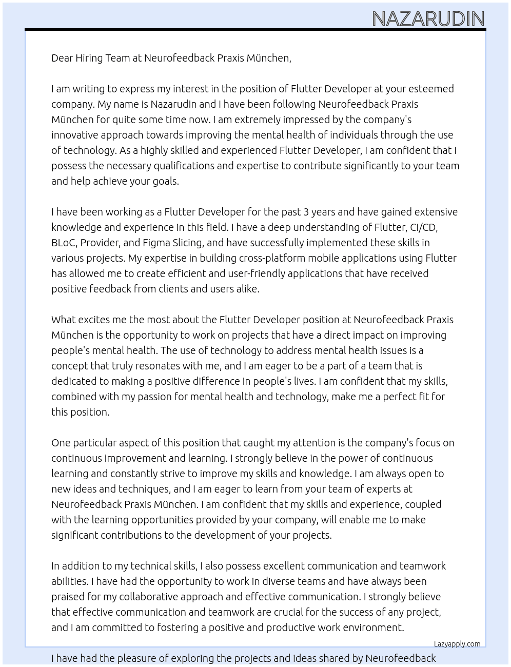 Flutter Developer At Neurofeedback Praxis München Cover Letter