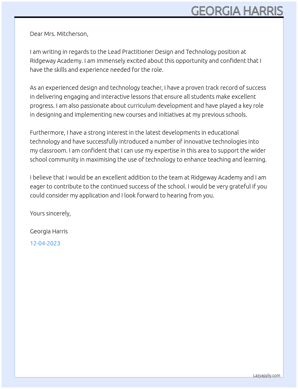 Lead Practitioner Design and Technology  At Ridgeway Academy Cover Letter