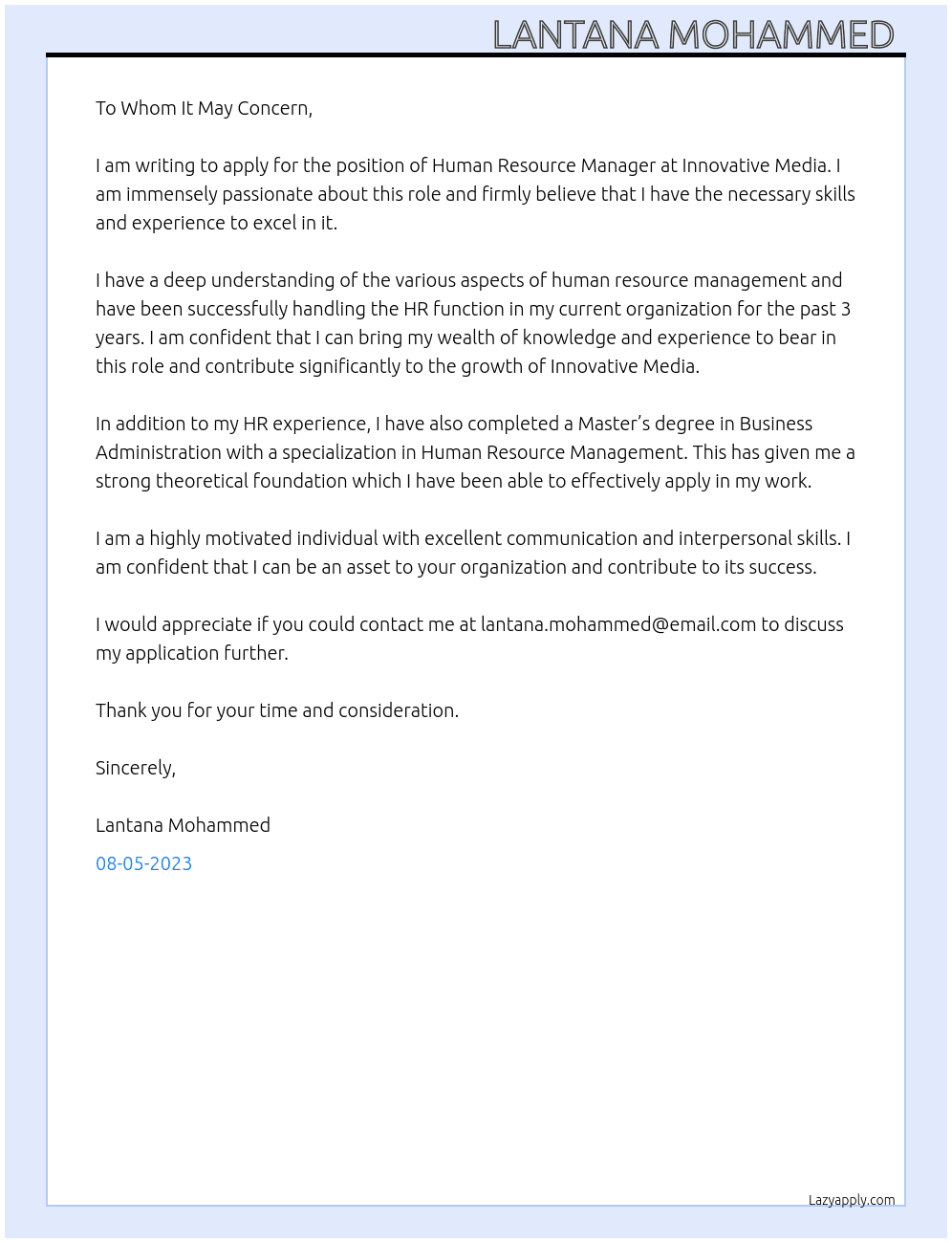 Human Resource Manager At Innovative Media Cover Letter