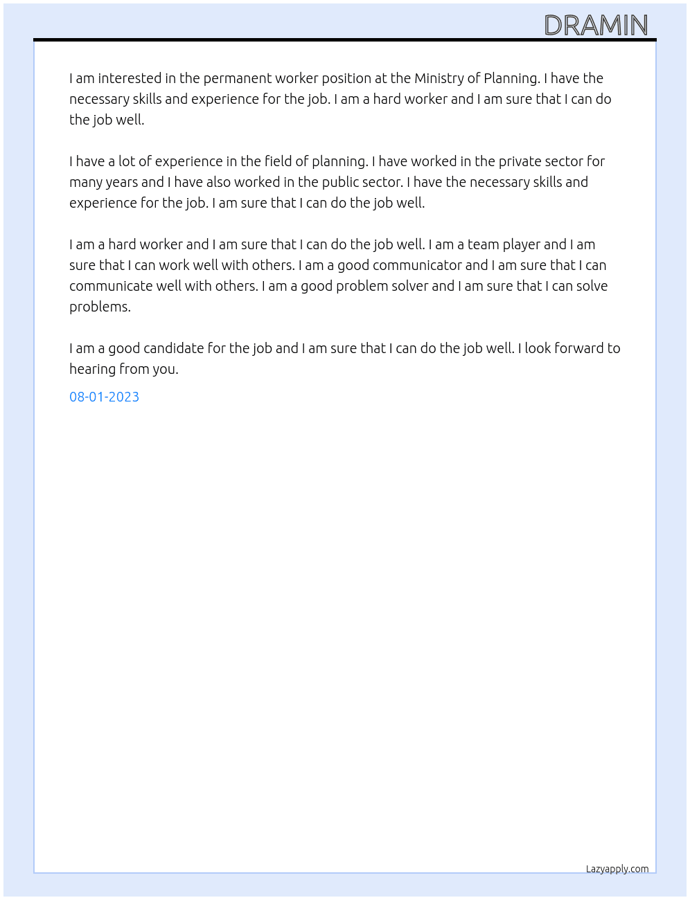 permanent worker  At MINISTRY OF PLANNINS  Cover Letter