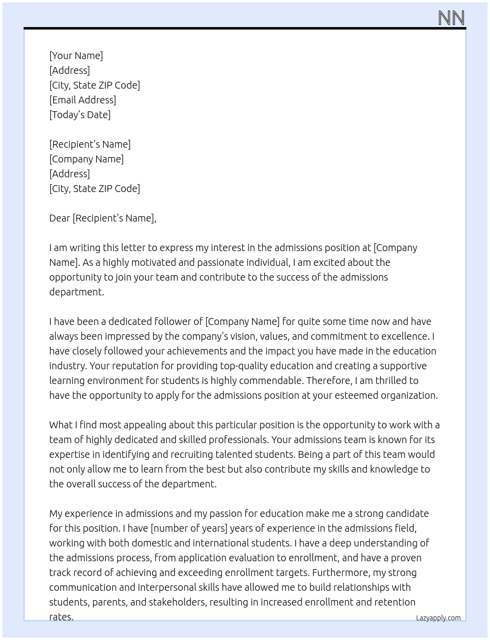 admissions At nnnn Cover Letter