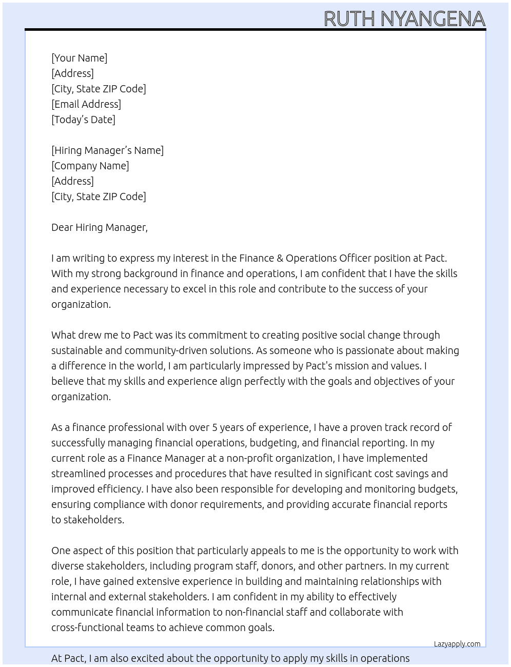 Finance & Operations Officer At Pact Cover Letter