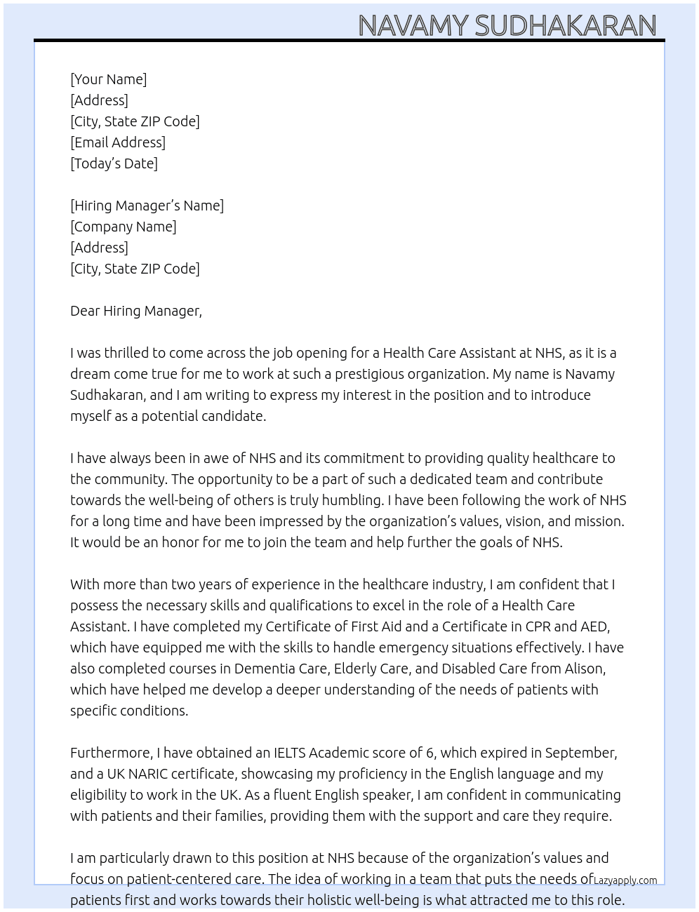 Health care assistant  At Nhs Cover Letter
