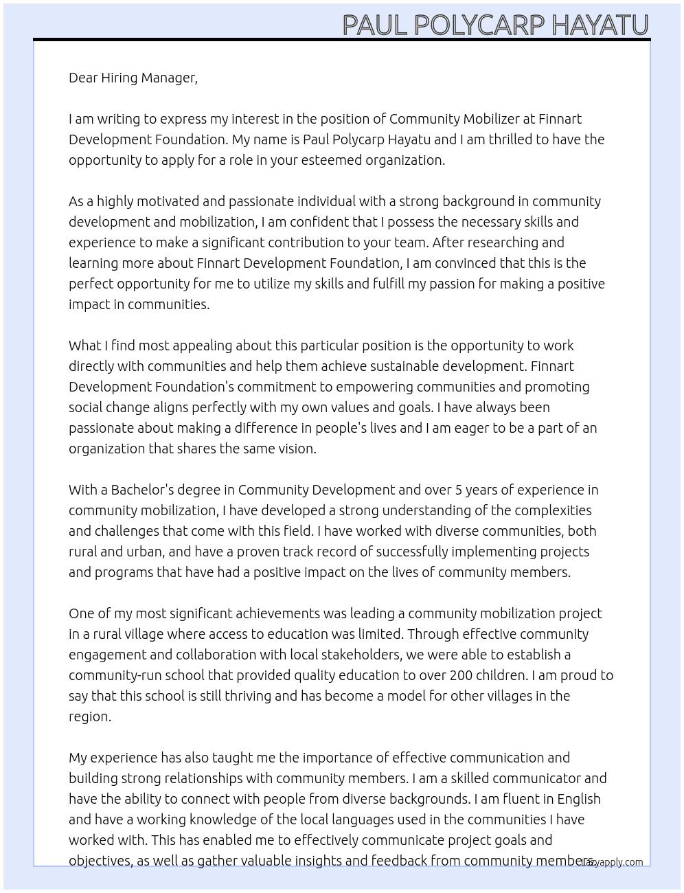 Community Mobilizer  At Finnart Development Foundation  Cover Letter