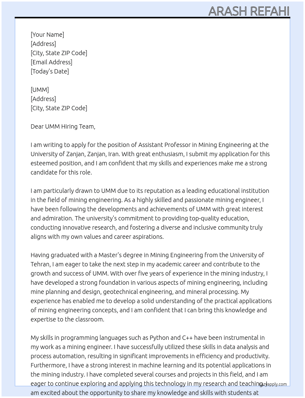 Assistant Professor in Mining Engineering At UMM Cover Letter