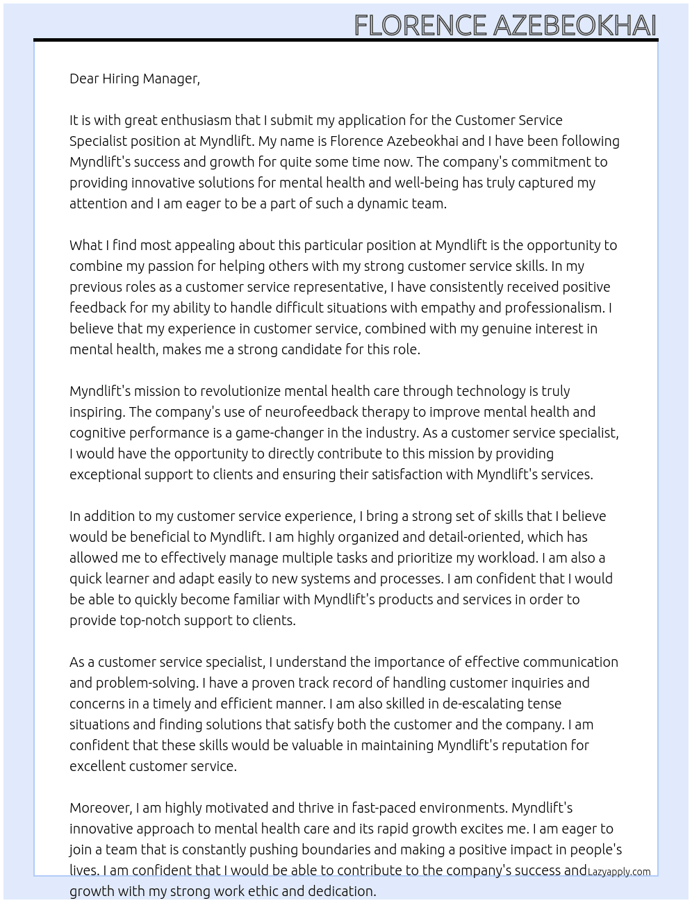 Customer service specialist At Myndlift Cover Letter