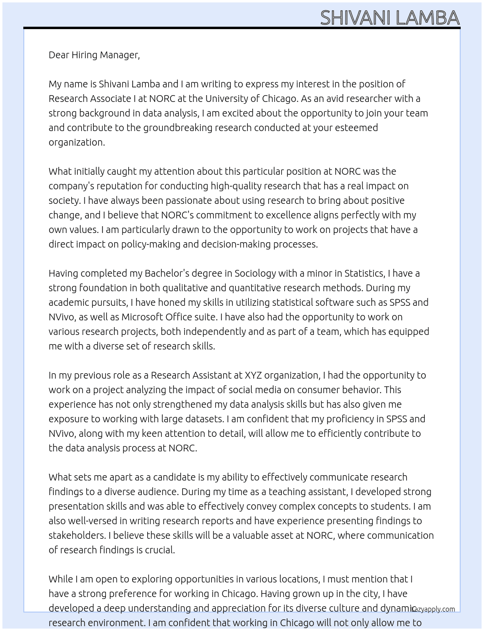 Research Associate I At NORC at the University of Chicago Cover Letter