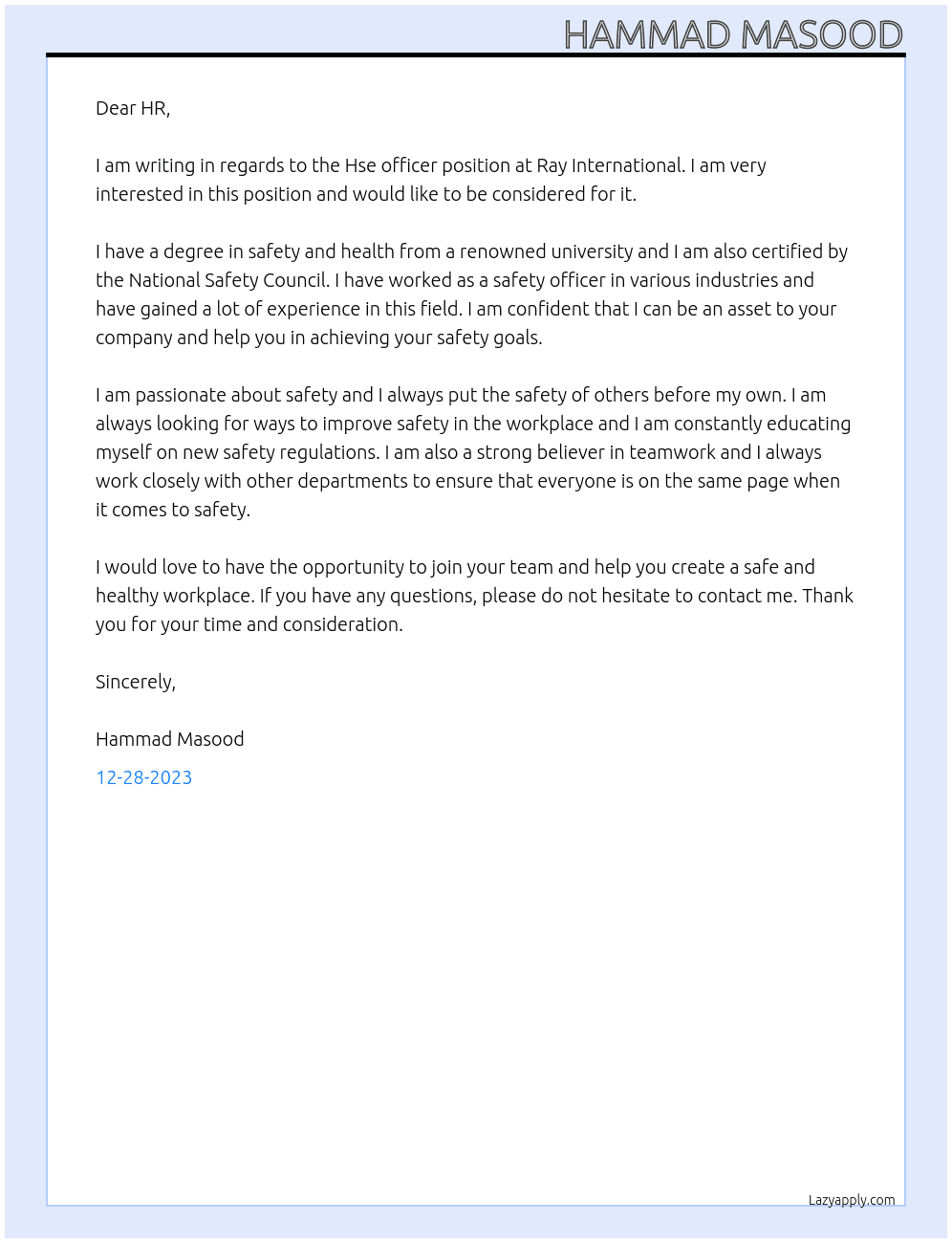 Hse officer At Ray International  Cover Letter