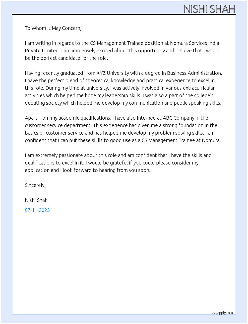 CS Management Trainee  At Nomura services India private limited  Cover Letter