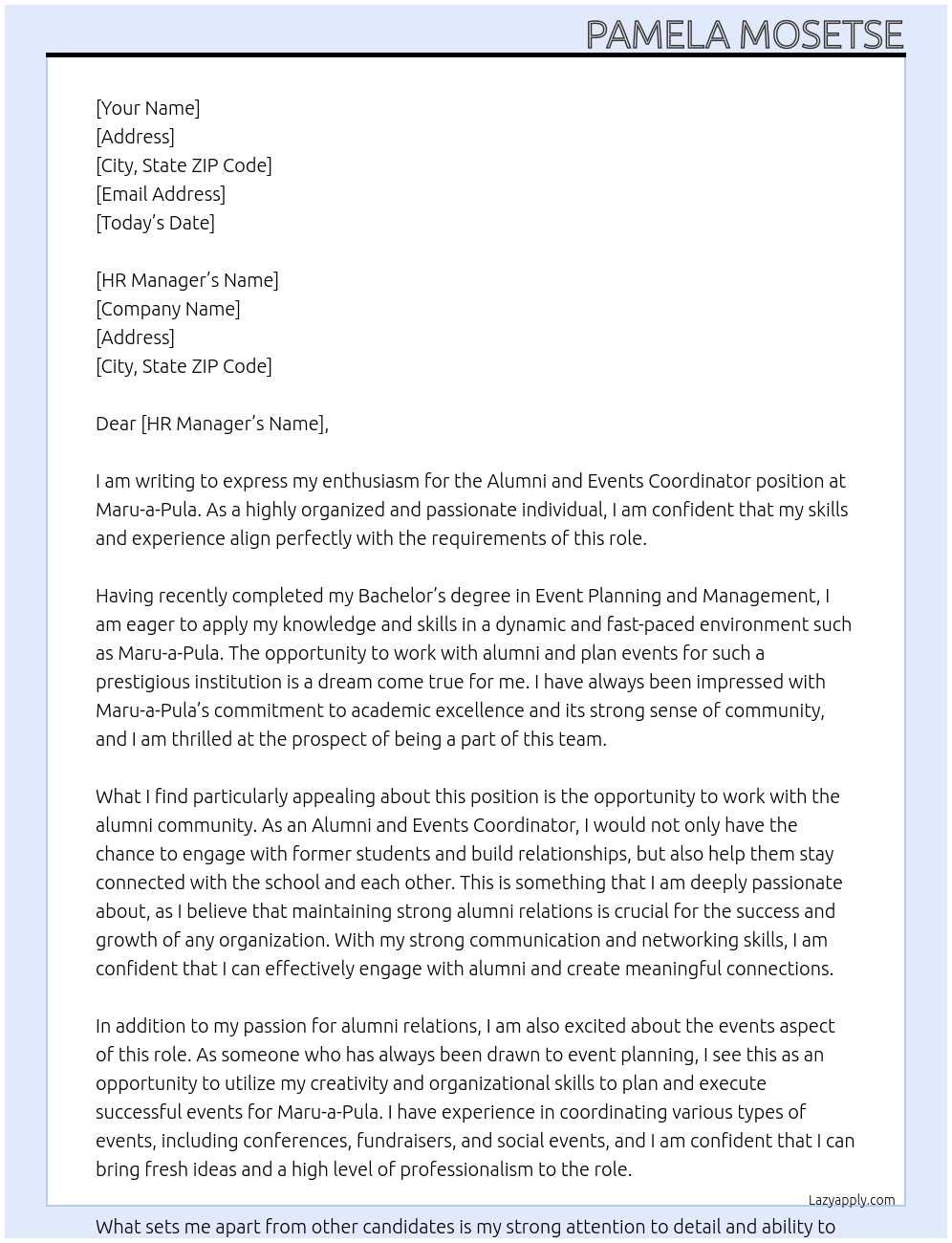 Alumni and Events Coordinator At Maru-a-Pula Cover Letter