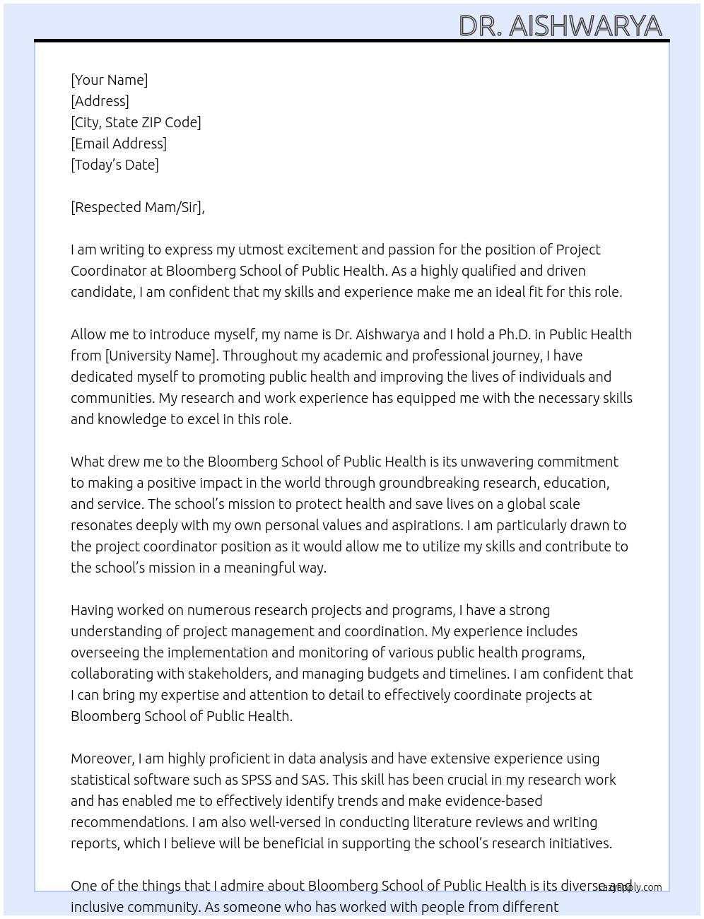 Project Coordinator  At Bloomberg School of Public Health Cover Letter