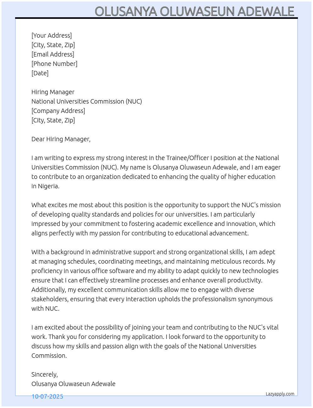 Cover letter for trainee/officer i - LazyApply