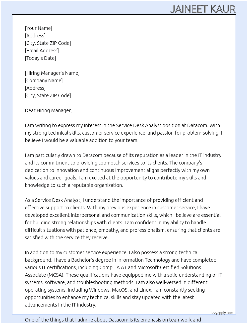 Service Desk Analyst  At Datacom Cover Letter