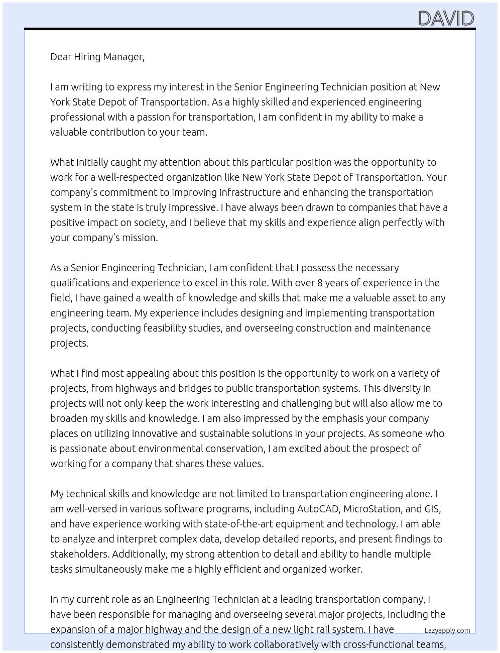 Senior Engineering Technician At New York State Depot of Transportation Cover Letter