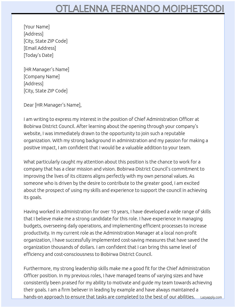 Chief Administration Officer At Bobirwa District Council Cover Letter