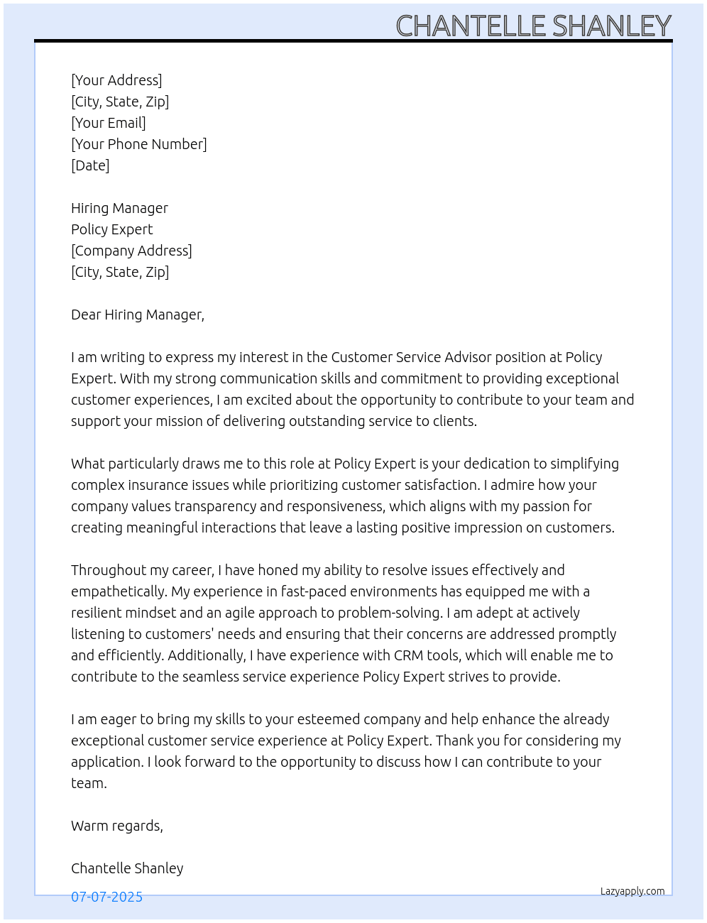 customer service advisor At Policy Expert Cover Letter