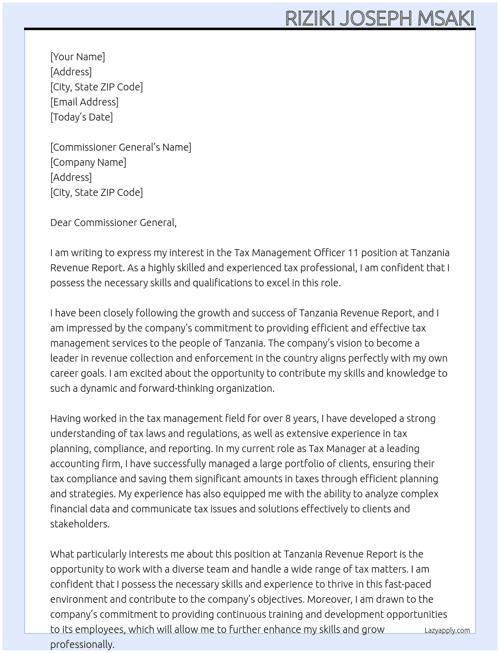 tax management officer 11 At TANZANIA REVENUE REPORT Cover Letter