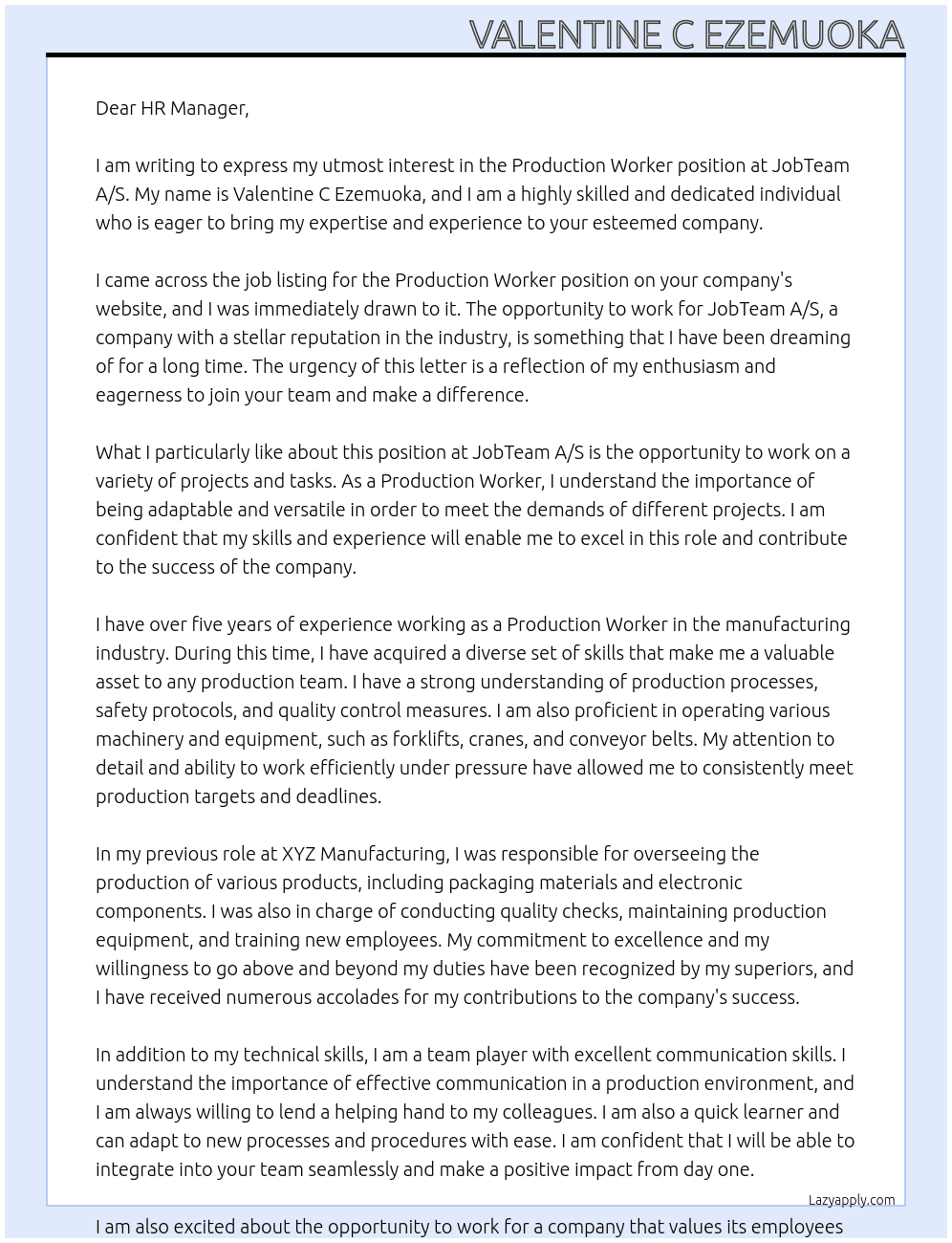Production worker  At JobTeam A/S Cover Letter