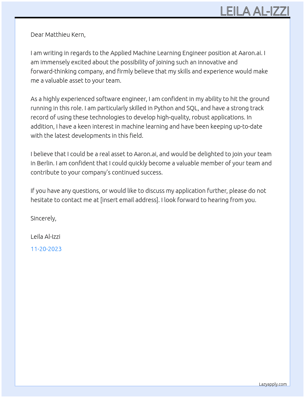 Applied Machine Learning Engineer At Aaron.ai Cover Letter