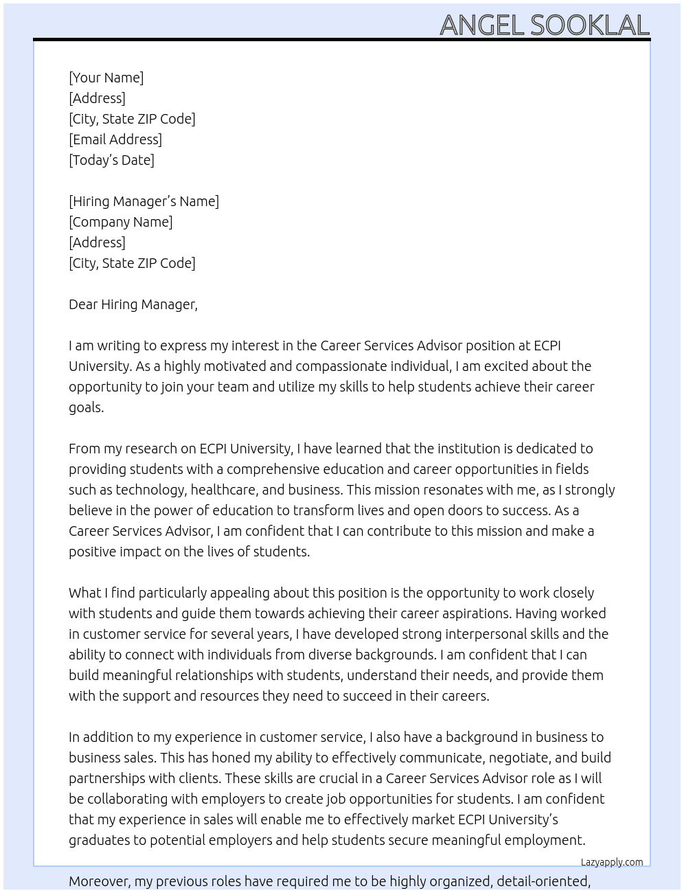 Career Services Advisor  At ECPI University Cover Letter