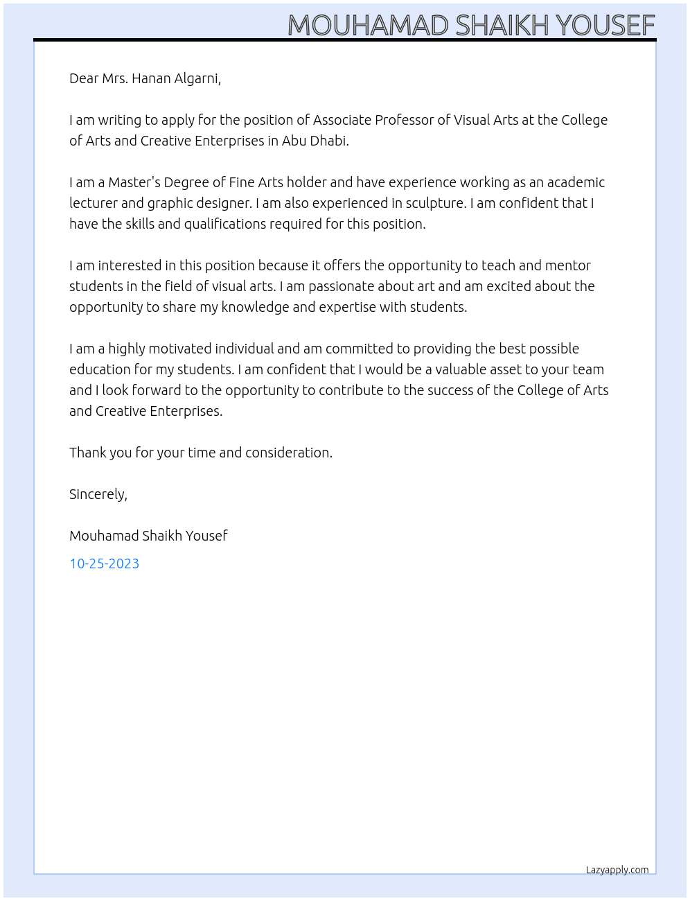 Associate Professor of Visual Arts At College of Arts and Creative Enterprises, Abu Dhabi Cover Letter