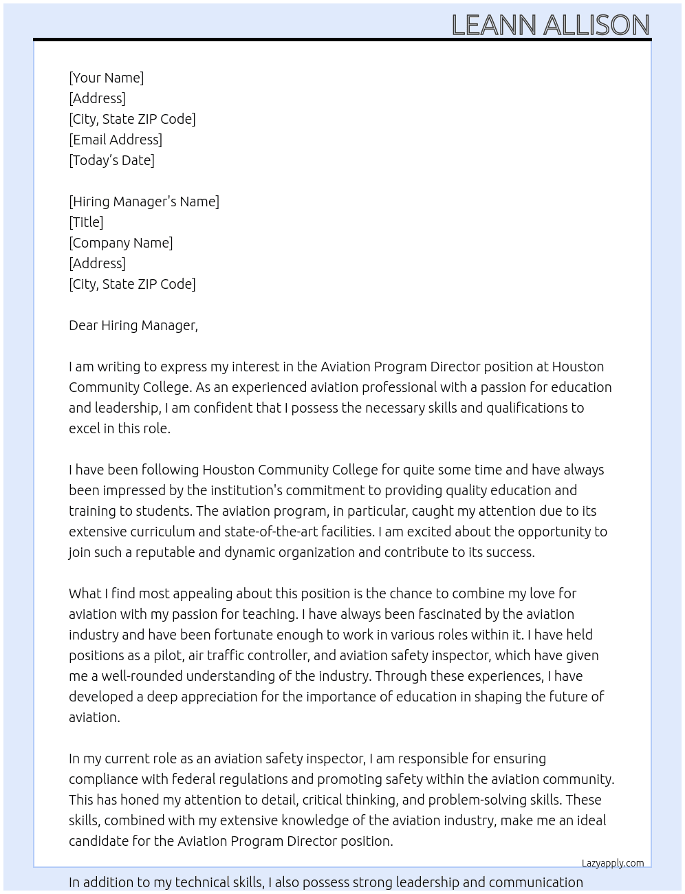 Aviation Program Director At Houston Community College Cover Letter