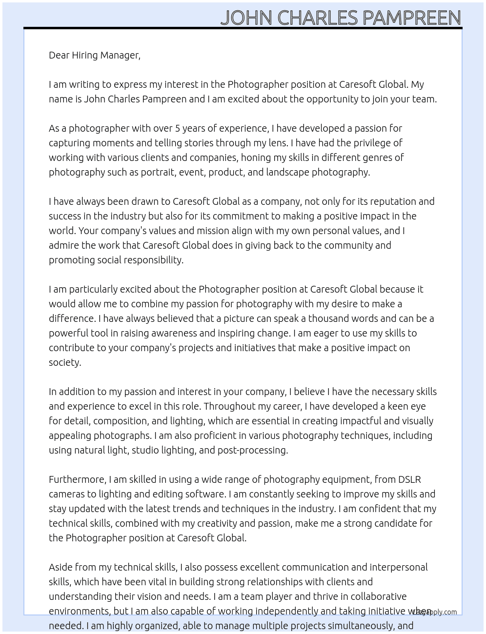 Photographer  At Caresoft Global Cover Letter