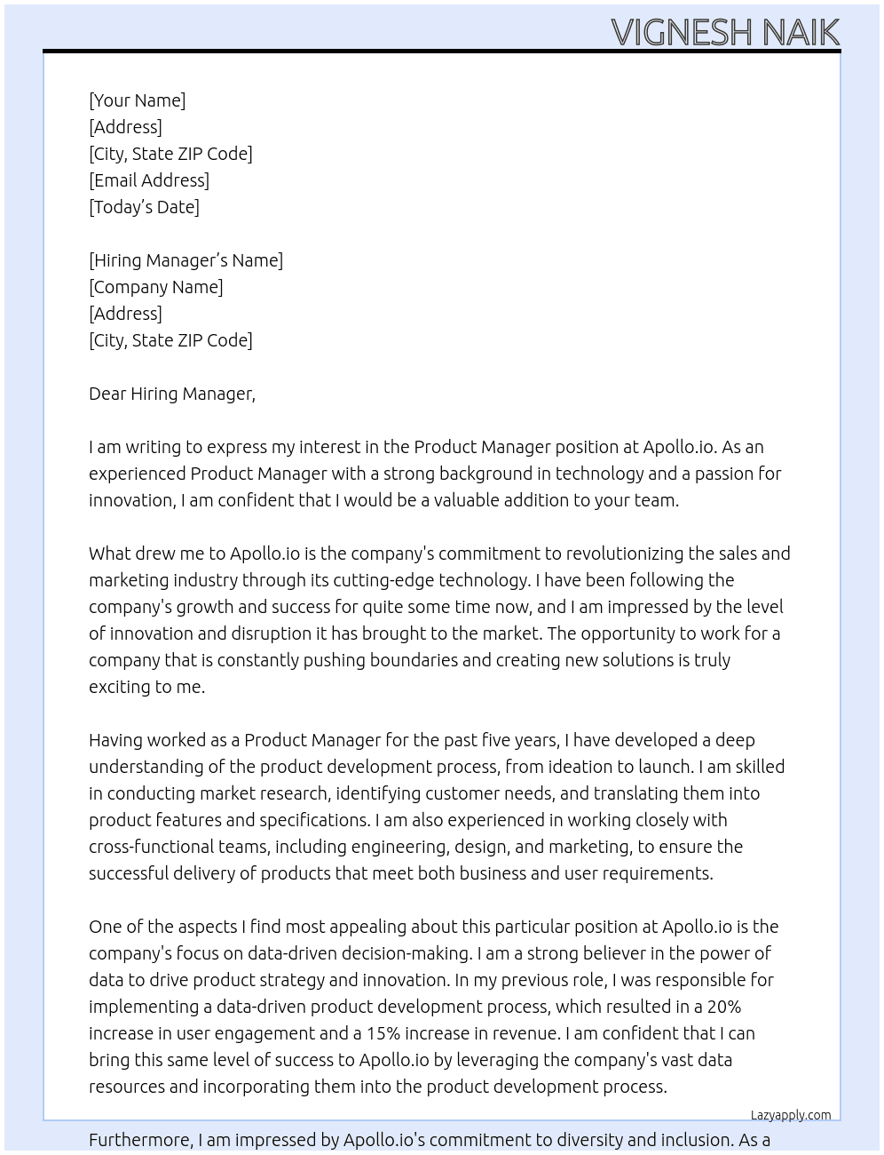 Product manager At Apollo.io Cover Letter