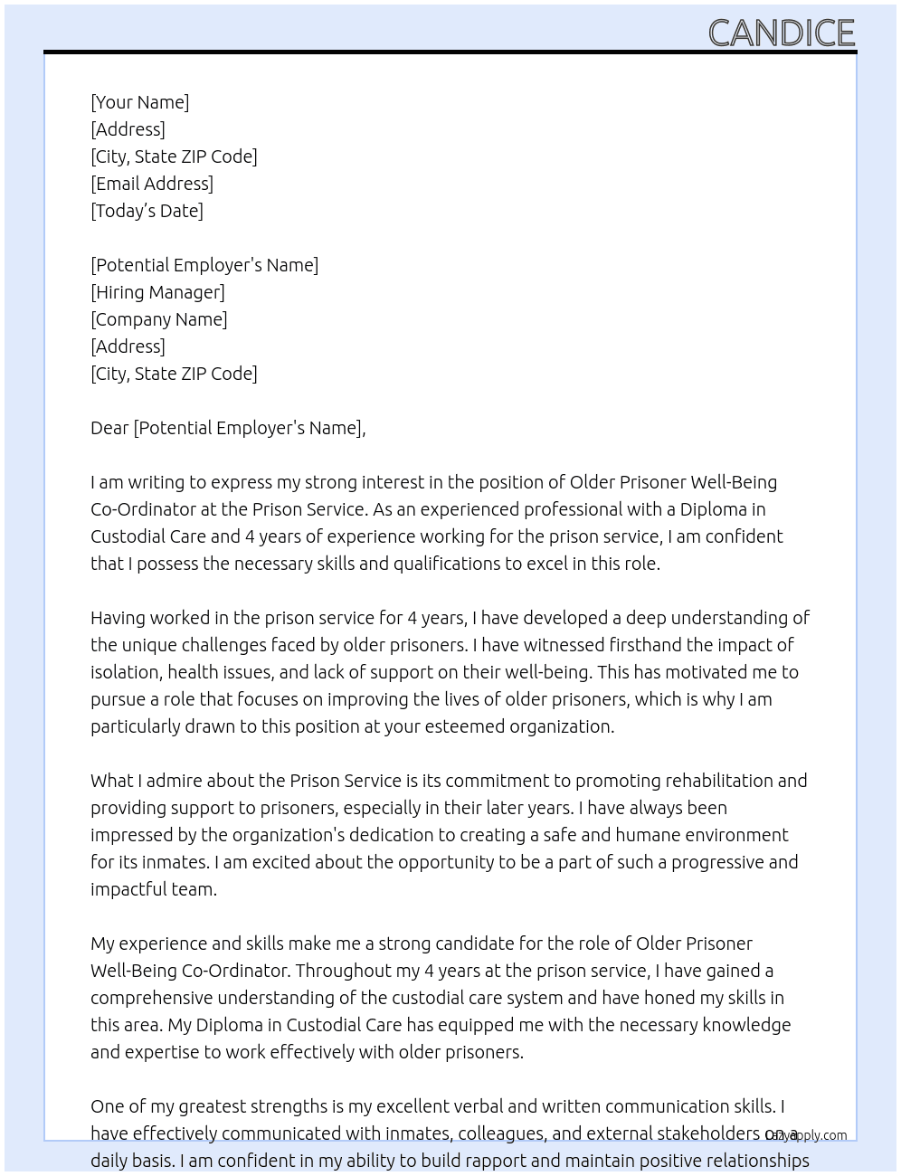 Older Prisoner Well-Being Co-Ordinator At Prison Service Cover Letter