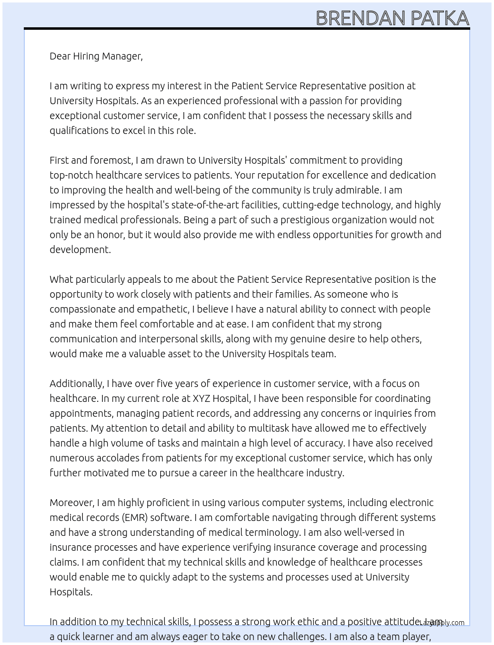Patient Service Representative At University Hospitals  Cover Letter