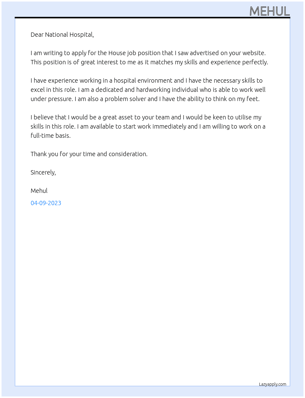 House job  At National Hospital  Cover Letter